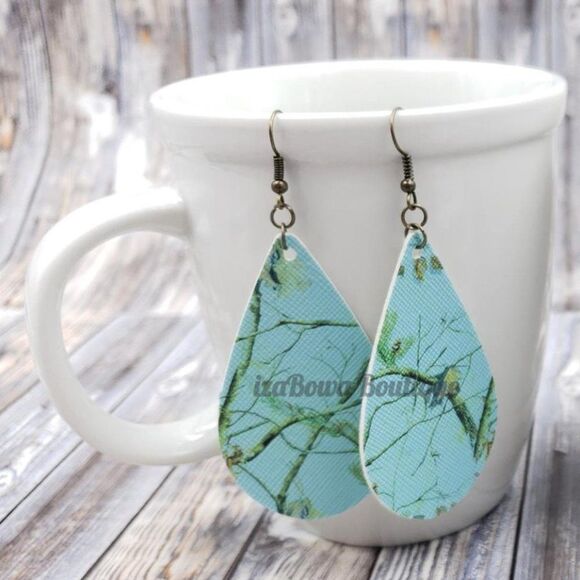 Hand Crafted Jewelry - Teal Camo Faux Leather Earring  (2)  ER1646  Handmade NWT Boutique